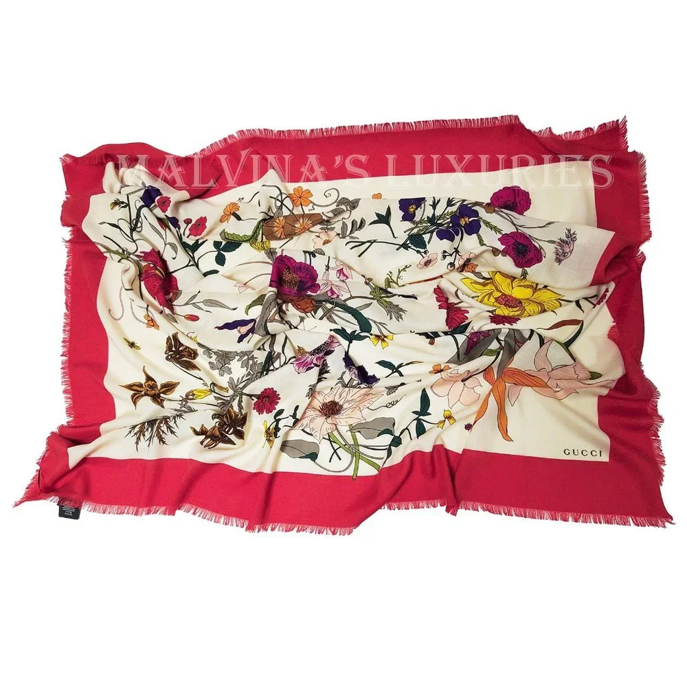 GUCCI SCARF MISS FLORA PRINT SHAWL WOOL SILK PINK BORDER SQUARE sz 55" - Picture 2 of 13